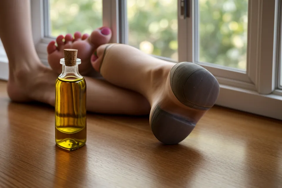 Close-up of a barefoot yoga teacher's foot on a hardwood studio floor during a nail-health check