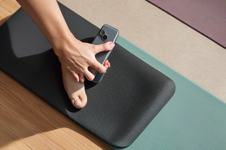Smartphone showing toenail recovery tracking photos next to a yoga mat as part of a holistic nail-health routine