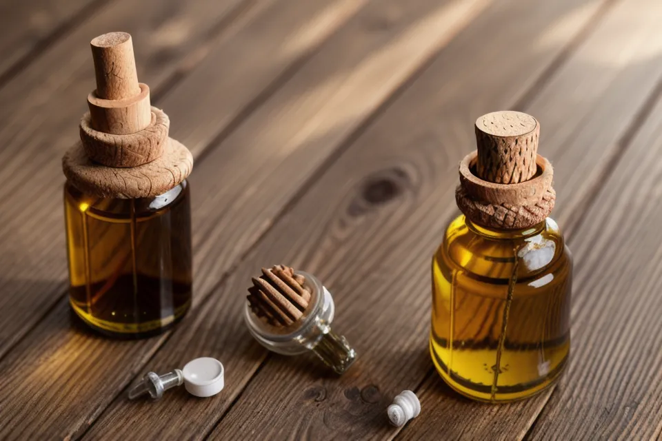 Close-up of a natural nail-health oil bottle resting on a yoga block, part of a daily foot-care routine