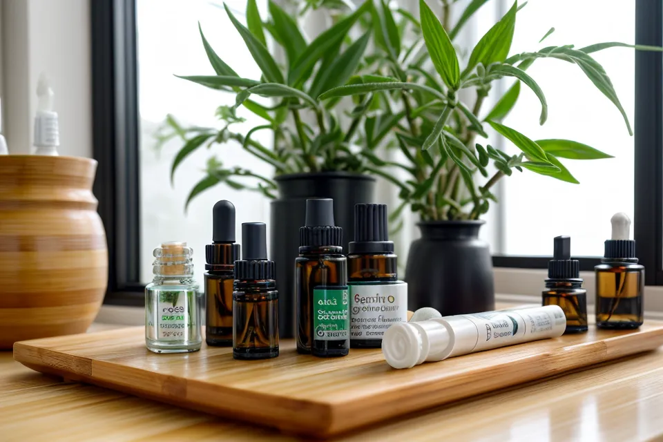 Natural essential oils for foot fungus prevention and nail health, part of a barefoot yoga foot care routine