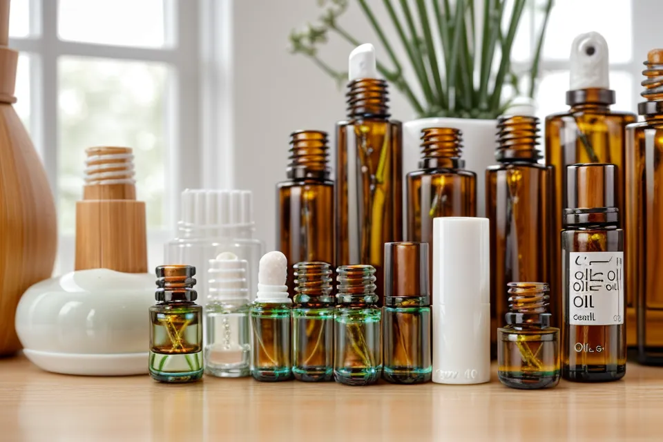Close-up of applying a natural essential oil blend to a toenail for nail health, foot care routine on a yoga mat
