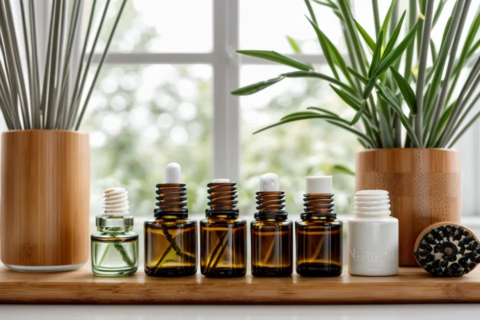 Natural remedies for nail health: probiotic foot spray and supplement capsules beside barefoot yoga equipment
