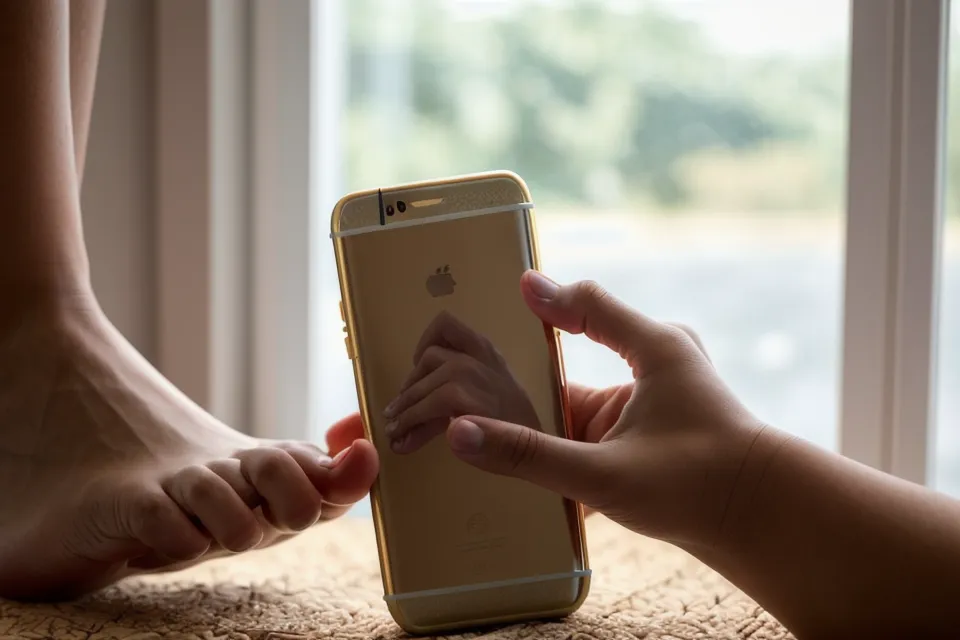 Barefoot yoga teacher photographing a toenail for a nail health and foot hygiene tracking log