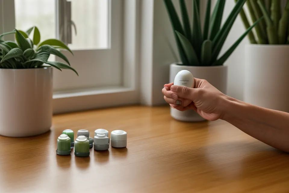 A close-up of a hand holding a supplement capsule over a wooden surface.