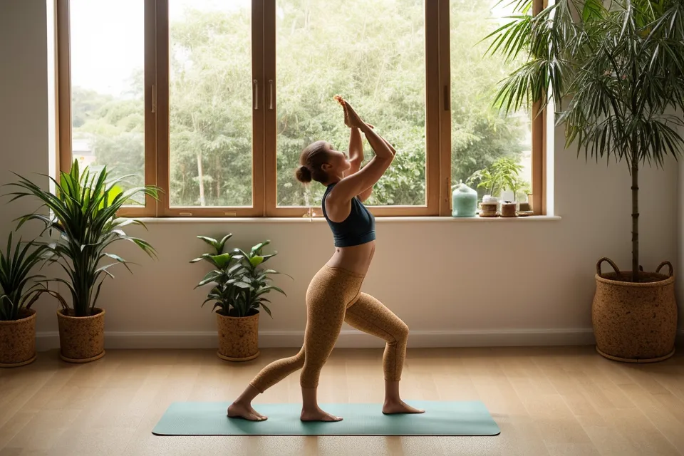 A person cleaning a cork yoga mat with a spray bottle in a sunlit studio.