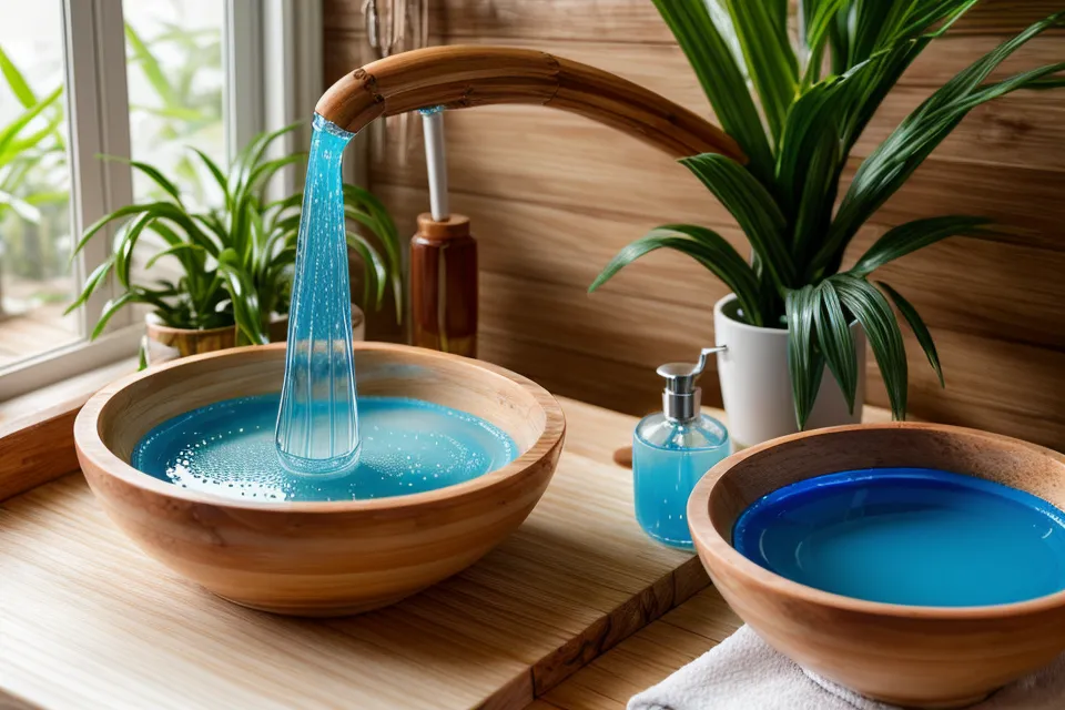 Close-up of a blue Listerine and vinegar foot soak mixture for toenail discoloration