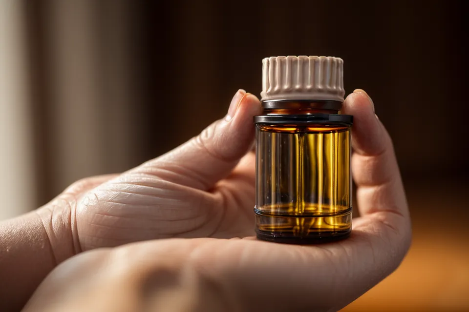 Natural oil bottle for nail health on a shelf in a yoga studio bag