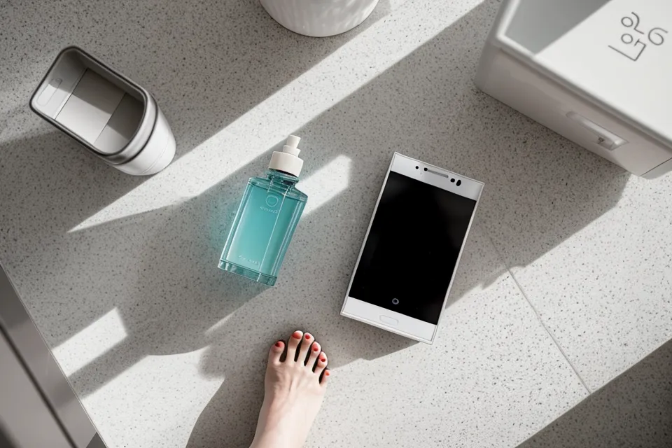Smartphone on a bathroom floor displaying a nail health tracking photo used to monitor natural toenail recovery