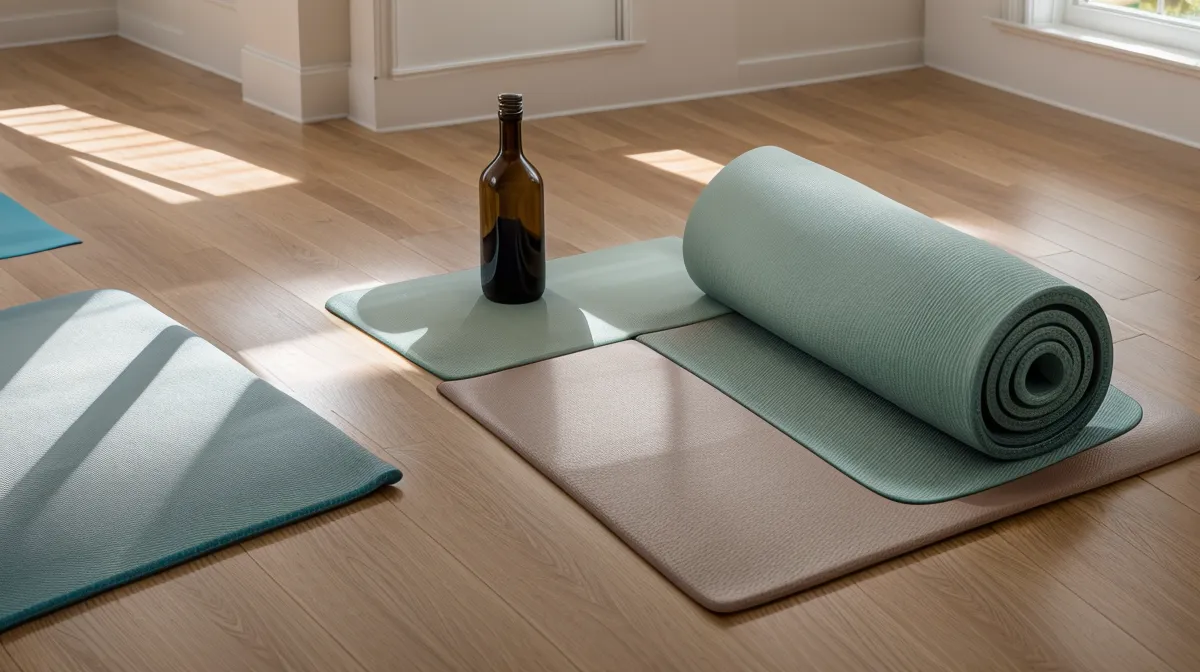 Yoga mat hygiene tips for foot health and natural nail care, barefoot yoga teacher checking her feet after class
